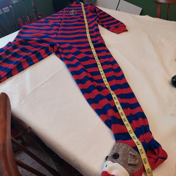Nick And Nora Red Blue Striped Sock Monkey Footie One Piece Pajamas Unisex Sz S - Picture 7 of 13